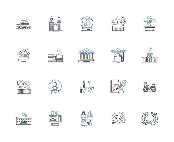 文化大纲图标集合。传统，仪式，习俗，意识形态，语言，艺术，美食矢量和插图概念集。音乐、舞蹈、时尚线性标志图片下载