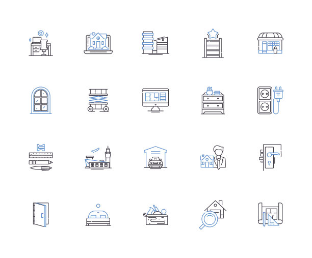 家居轮廓图标集合。家庭，家具，电器，清洁，装饰，存储，电子矢量和插图概念集。管道，设备，照明线性标志图片下载