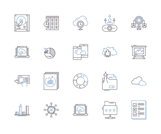数据和计算机轮廓图标的收集。数据，计算机，分析，科学，网络，技术，存储矢量和插图概念集。加工，编程，安全线性标志图片下载