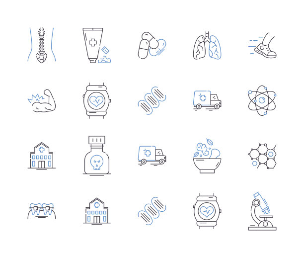 健康治疗大纲图标集合。治疗，健康，医疗，心理，健康，护理，治疗矢量和插图概念集。康复，物理治疗，精神分析线性符号图片下载