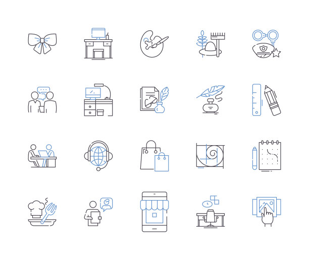 自由职业者概述图标收集。自由职业者，工作，承包商，自雇，零工，Solopreneur，外包矢量和插图概念集。创业、远程、居家为基础的线性标志图片下载