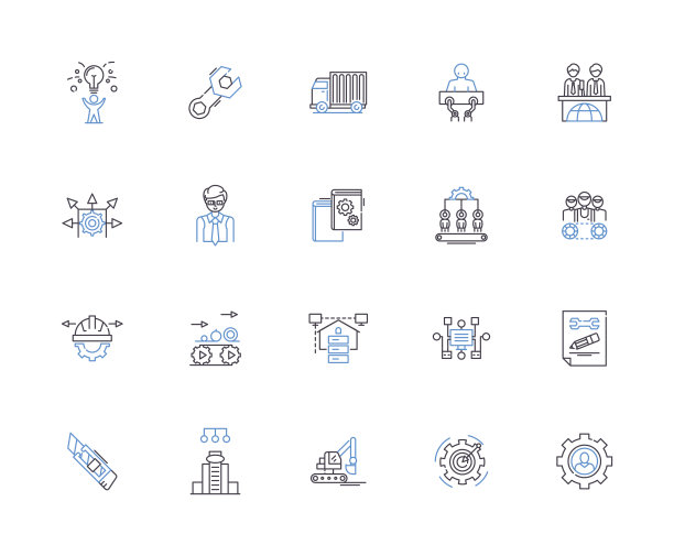 工厂轮廓图标收集。工厂，制造，工程，工厂，仓库，制造，生产矢量和插图概念集。机械，劳工，装配线性标志图片下载