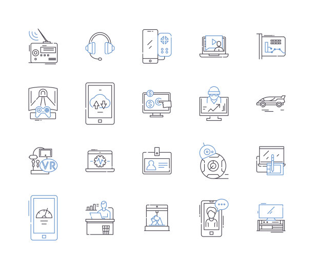 电子产品轮廓图标收藏。采购产品电子，产品，小工具，设备，电器，计算机，电视矢量和插图概念集。笔记本电脑，音频，视频线性标志图片下载