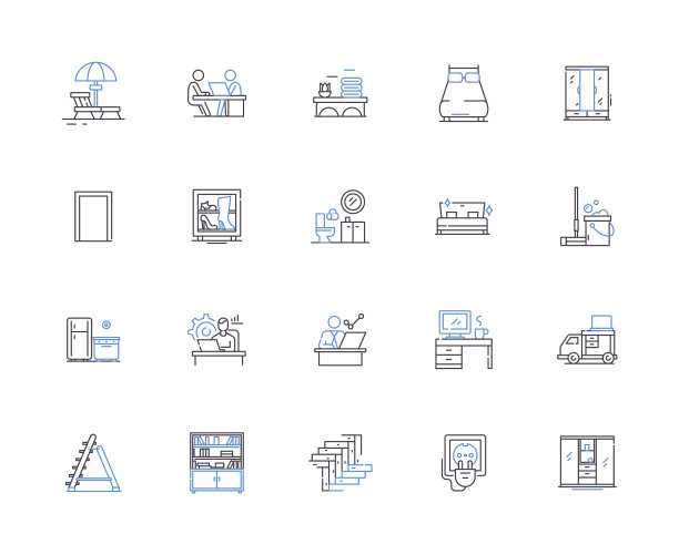 家具轮廓图标集合。沙发，椅子，桌子，书桌，床，书柜，梳妆台矢量和插图概念集。奥斯曼，沙发，架子线性标志图片下载