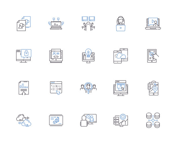 数字客户体验大纲图标收集。数字，客户体验，网站，移动应用，用户界面，用户体验，设计矢量和插图概念集。内容，搜索引擎优化，社交媒体线性标志图片下载
