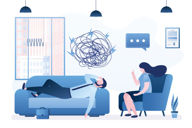 不开心、疲惫的上班族躺在沙发上和心理治疗师聊天。压力负担，精神问题。商人需要帮助。医生咨询病人。家庭问题。心理压力。图片下载