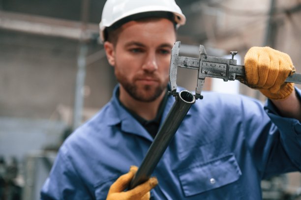 用卡尺测量金属管。穿蓝色制服的工人在室内图片下载