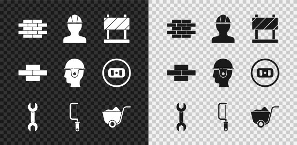 设置砖块，工人安全帽，道路屏障，扳手，钢锯，铲子和图标。向量图片下载