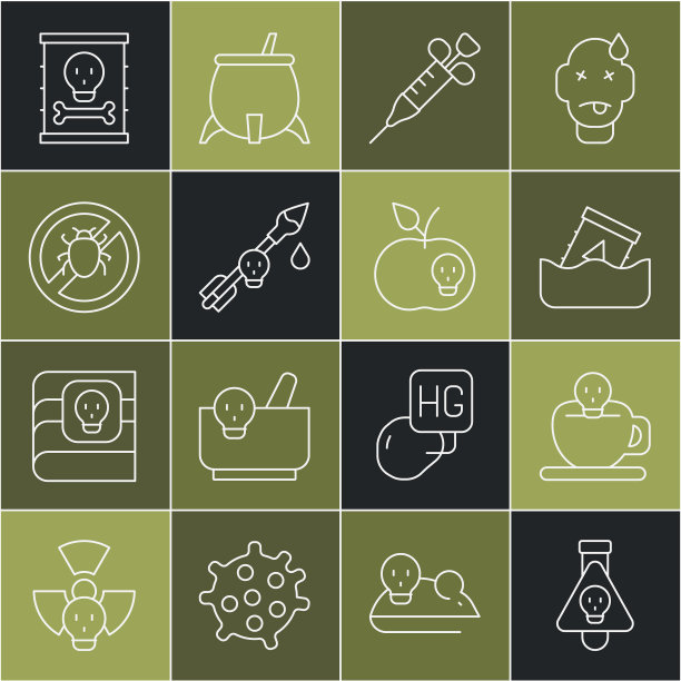 设置线瓶子与药水，咖啡杯头骨，放射性废物在桶，注射器，毒药箭头，停止科罗拉多甲虫，和苹果图标。向量图片下载
