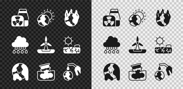 集核电站，全球变暖，火灾，桶油泄漏，气泵喷嘴和地球仪，云与雨和风力涡轮机图标。向量图片下载