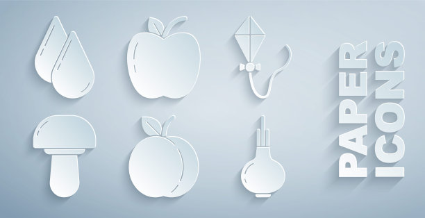 设置桃子水果，风筝，蘑菇，洋葱，苹果和水滴图标。向量图片下载