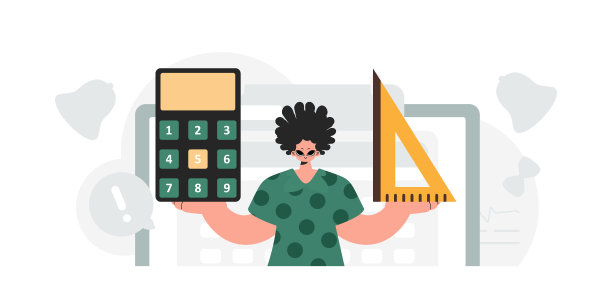 这个人拿着尺子和计算器，学习科目。时尚的风格，矢量插图图片下载