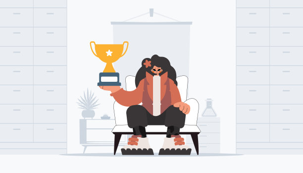 年轻女士拿着获胜者的手托。时尚的风格，矢量插图图片下载