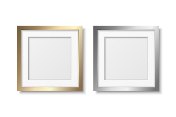 矢量3d现实灰色和黄色金属，银色和金色装饰复古框架集，边界图标特写隔离。方形相框设计模板的图片，边界设计图片下载