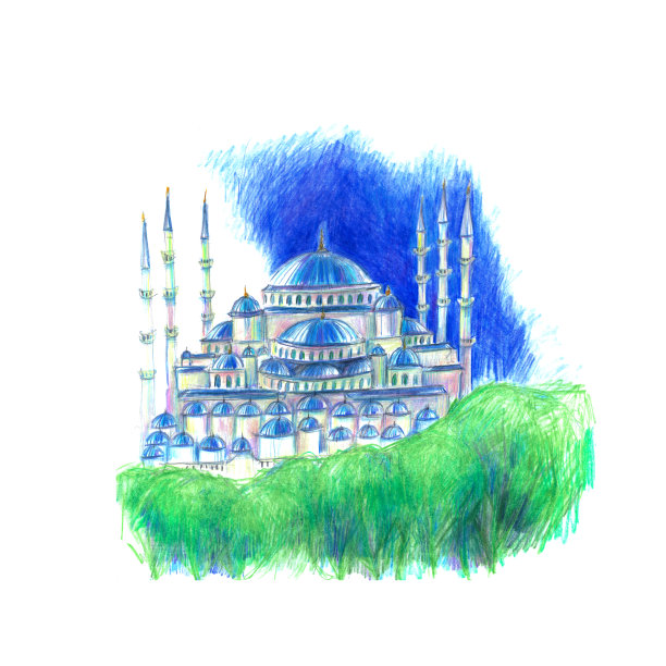 伊斯坦布尔古城地标蓝色清真寺彩色素描图片下载