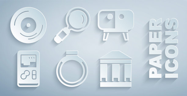 集金戒指，电视桌支架，便携式视频游戏机，博物馆建筑，放大镜和乙烯基磁盘图标。向量图片下载