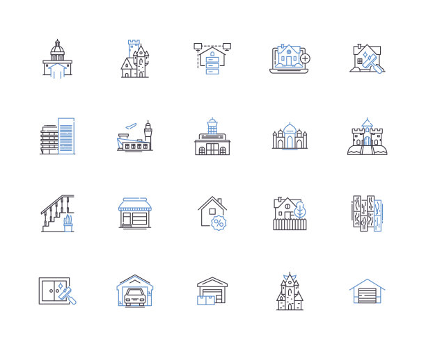 房屋轮廓图标集合。家，住所，住所，住宅，豪宅，住所，别墅矢量和插图概念集。公寓，别墅，平房线性标志图片下载