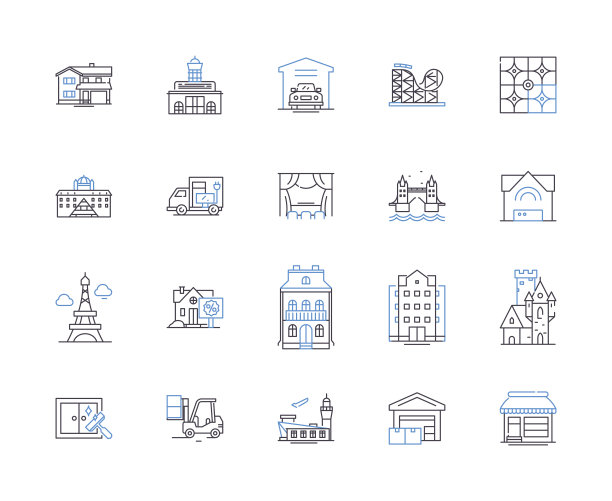 房屋和建筑轮廓图标收集。家庭，住宅，住所，结构，大厦，豪宅，修道院矢量和插图概念集。城堡，庄园，塔楼线性标志图片下载