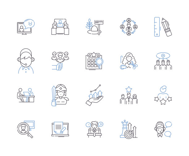 员工工作大纲图标收集。员工，工作，劳动，任务，绩效，薪酬，时间矢量和插图概念集。简历，福利，生产力线性标志图片下载