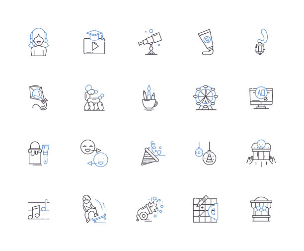 娱乐提纲图标集合。电影，音乐，戏剧，游戏，体育，赌博，书籍矢量和插图概念集。电视、喜剧、节日线性标志图片下载