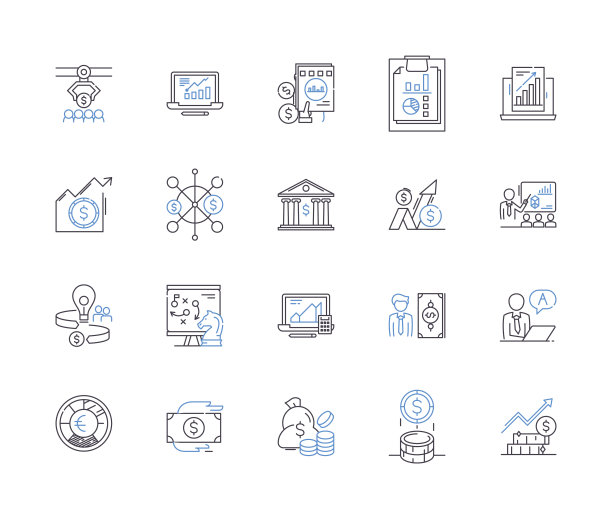 金融行业图标概述集合。银行，储蓄，贷款，保险，信贷，投资，股票矢量和插图概念集。预算，利息，利率线性符号图片下载