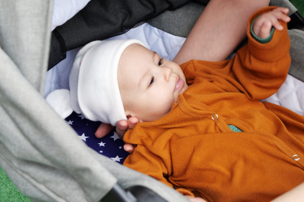 夏日里，一位年轻的母亲在婴儿车里用毯子盖着刚出生的婴儿图片下载