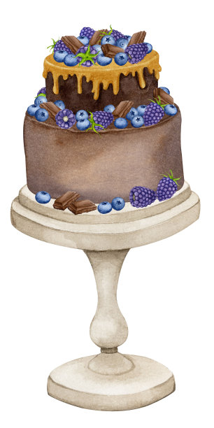 用浆果装饰的奶油焦糖蛋糕。为贺卡，请柬，菜单，标志，织物印刷品的水彩假日剪贴画。婚礼、生日、周年纪念设计。图片下载