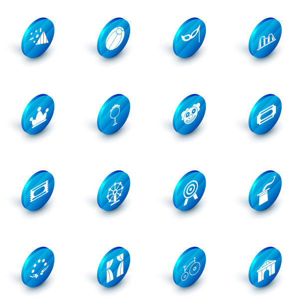 集沙滩球，节日面具，过山车，小丑帽与钟，马戏团门票，火箍，和小丑头图标。向量图片下载