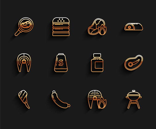 设置线肋眼牛排，香肠，牛排肉在煎锅，烤鱼和火火焰，烧烤架，盐和酱汁瓶图标。向量图片下载