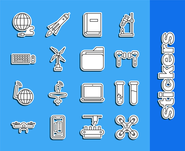 设置线无人机飞行，试管和烧瓶，空气耳机，用户手册，风力涡轮机，键盘鼠标，社交网络和文档文件夹图标。向量图片下载