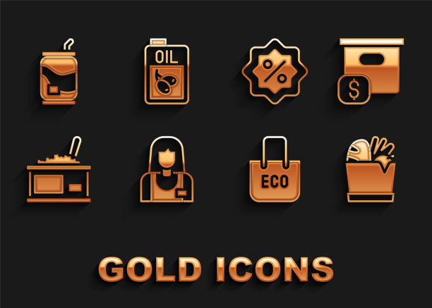 集卖家，纸箱纸箱与价格，购物袋和食品，回收，锡罐头鱼子酱，折扣百分比标签，苏打水和一瓶橄榄油图标。向量图片下载