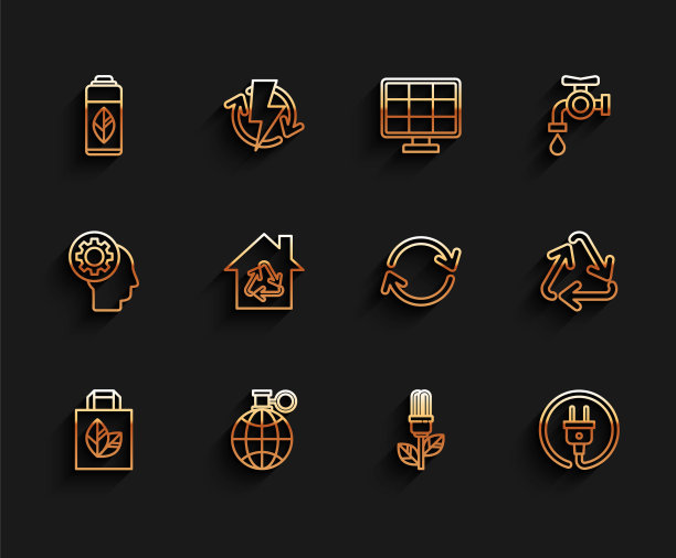 设置线纸购物袋与回收，地球和回收，回收塑料瓶，灯泡叶，电源插头，生态屋标志，回收和刷新图标。向量图片下载