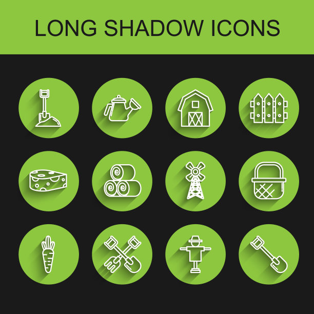 设置线胡萝卜，铲子和耙子，在地面上，稻草人，一卷干草，购物篮和风车图标。向量图片下载