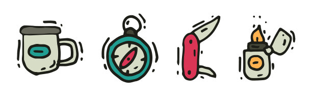 带马克杯指南针的露营和探险设备图片下载