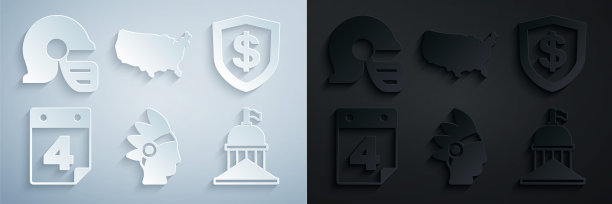 集美国本土印第安人，盾牌与美元，日历日期7月4日，白宫，美国地图和橄榄球头盔图标。向量图片下载