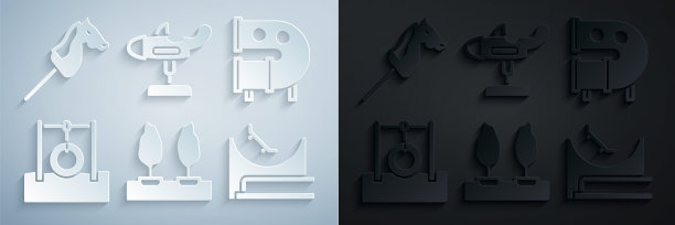 集森林，儿童游乐场滑管，汽车轮胎挂绳，滑板公园，秋千飞机和玩具马图标。向量图片下载