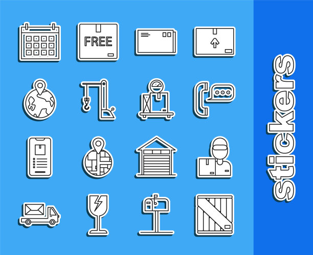 设置线木箱，送货员与纸箱，电话语音气泡聊天，信封，港口起重机，世界范围内，日历和规模图标。向量图片下载