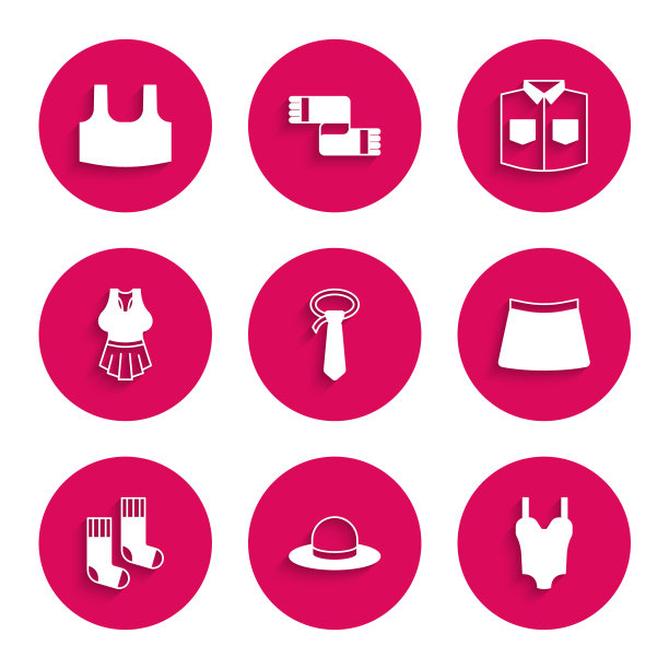 采购产品领带，男士帽子，泳衣，裙子，袜子，汗衫，衬衫和图标。向量图片下载