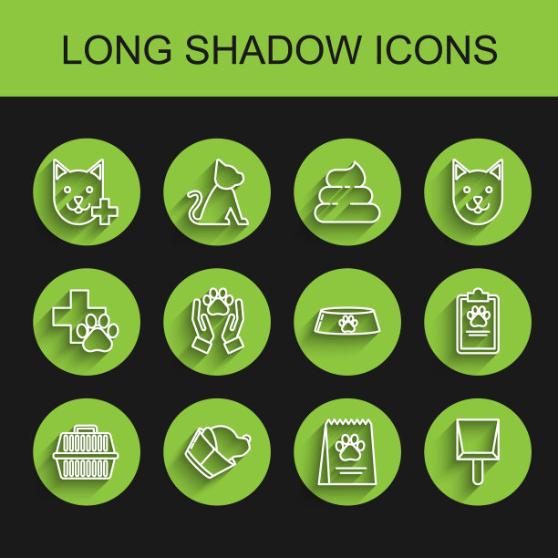 套装线宠物手提箱，兽医诊所标志，狗粮袋，簸箕，有动物足迹的手，剪贴板医疗临床记录宠物和碗猫图标。向量图片下载