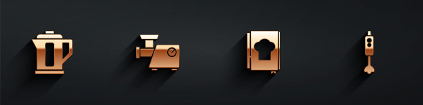 设置电水壶，厨房绞肉机，烹饪书和搅拌机图标长阴影。向量图片下载