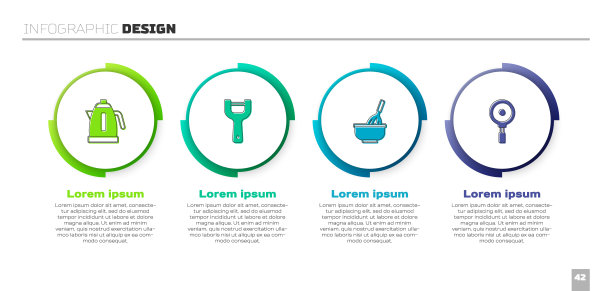 准备好电水壶，蔬菜削皮机，厨房搅拌器和煎锅。业务信息图表模板。向量图片下载