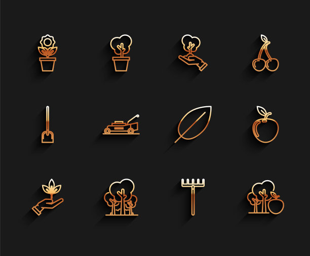 设置线植物在手环保，树木，花盆，花园耙，苹果，割草机，苹果和叶子图标。向量图片下载