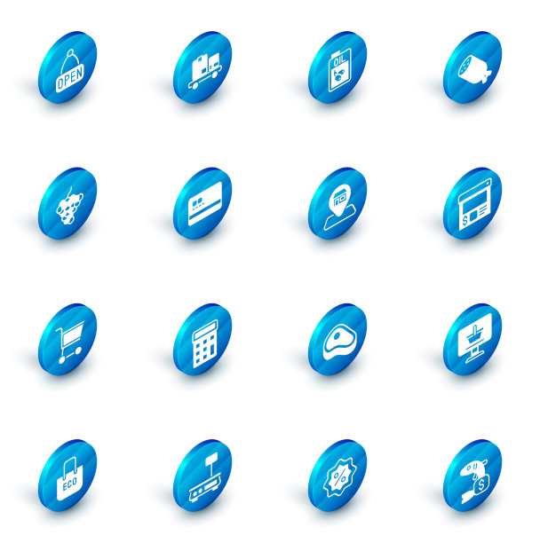 集手卡车和盒子，一瓶橄榄油，萨拉米香肠，葡萄水果，购物车，信用卡，在线订购送货和位置市场商店的图标。向量图片下载