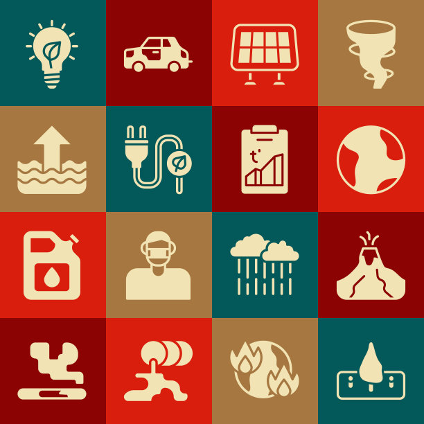 集森林砍伐，火山喷发与熔岩，地球，太阳能电池板，节电插头在叶子，上升水位，灯泡和全球变暖的图标。向量图片下载