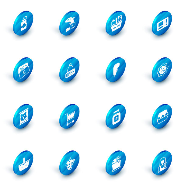 设置鱼的价格标签，购物篮和食品，条形码，新价格美元，罐头，挂标志与开放，折扣百分比和扫描仪扫描条图标。向量图片下载