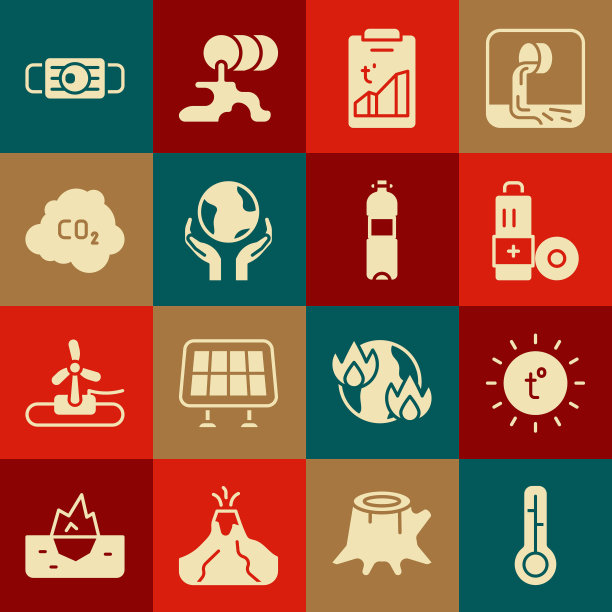集气象温度计，太阳，电池，全球变暖，手握地球，二氧化碳排放云，医疗防护面具和瓶装水图标。向量图片下载