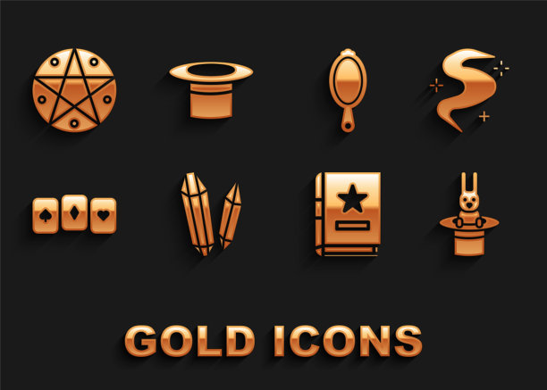 集魔法石，雾或烟，魔术师帽子和兔子，古代魔法书，扑克牌，手镜，五角星圆和图标。向量图片下载