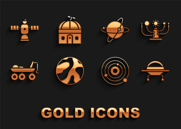 集行星、太阳系、UFO飞船、火星探测器、绕地球轨道运行的卫星和天文台图标。向量图片下载