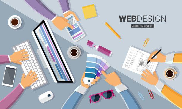 网页设计会议，桌面俯视图，有电脑，咖啡杯，草图，智能手机，铅笔。矢量插图在平面风格，模板的业务图片下载