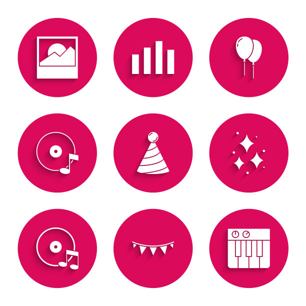 集聚会帽，嘉年华花环与旗帜，音乐合成器，烟花，乙烯基磁盘，气球丝带和照片图标。向量图片下载